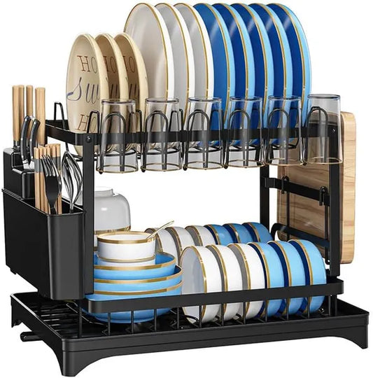 2-Tier Dish Drying Rack with Drainboard, Rustproof Kitchen Countertop Dish Organizer, Large Capacity