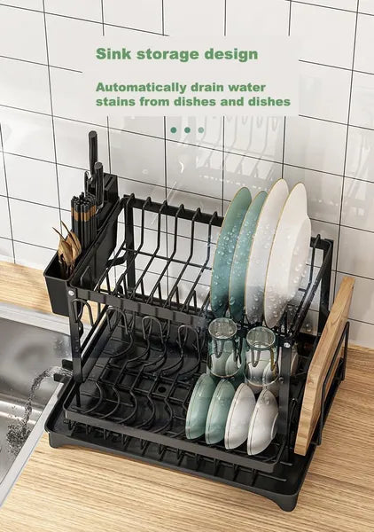2-Tier Dish Drying Rack with Drainboard, Rustproof Kitchen Countertop Dish Organizer, Large Capacity