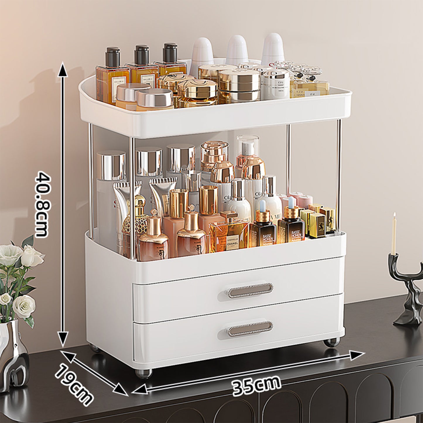 2 Drawer Cosmetic Organizer, 4 Tier Bathroom & Vanity Storage for Makeup, Skincare, Perfume