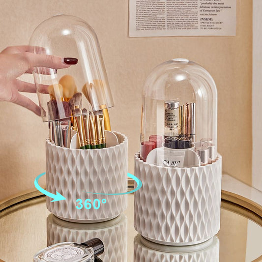 Clear Acrylic 360° Rotating Makeup Brush Organizer | Large Capacity Dustproof Storage Box with Lid for Vanity Desktop