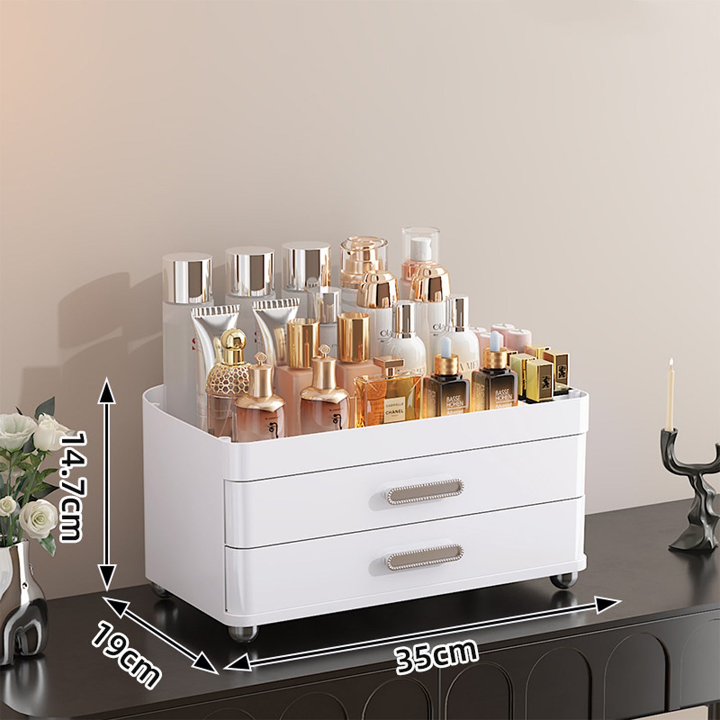 2 Drawer Cosmetic Organizer, 4 Tier Bathroom & Vanity Storage for Makeup, Skincare, Perfume