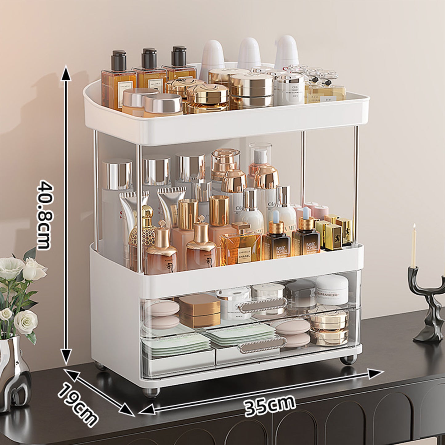 2 Drawer Cosmetic Organizer, 4 Tier Bathroom & Vanity Storage for Makeup, Skincare, Perfume