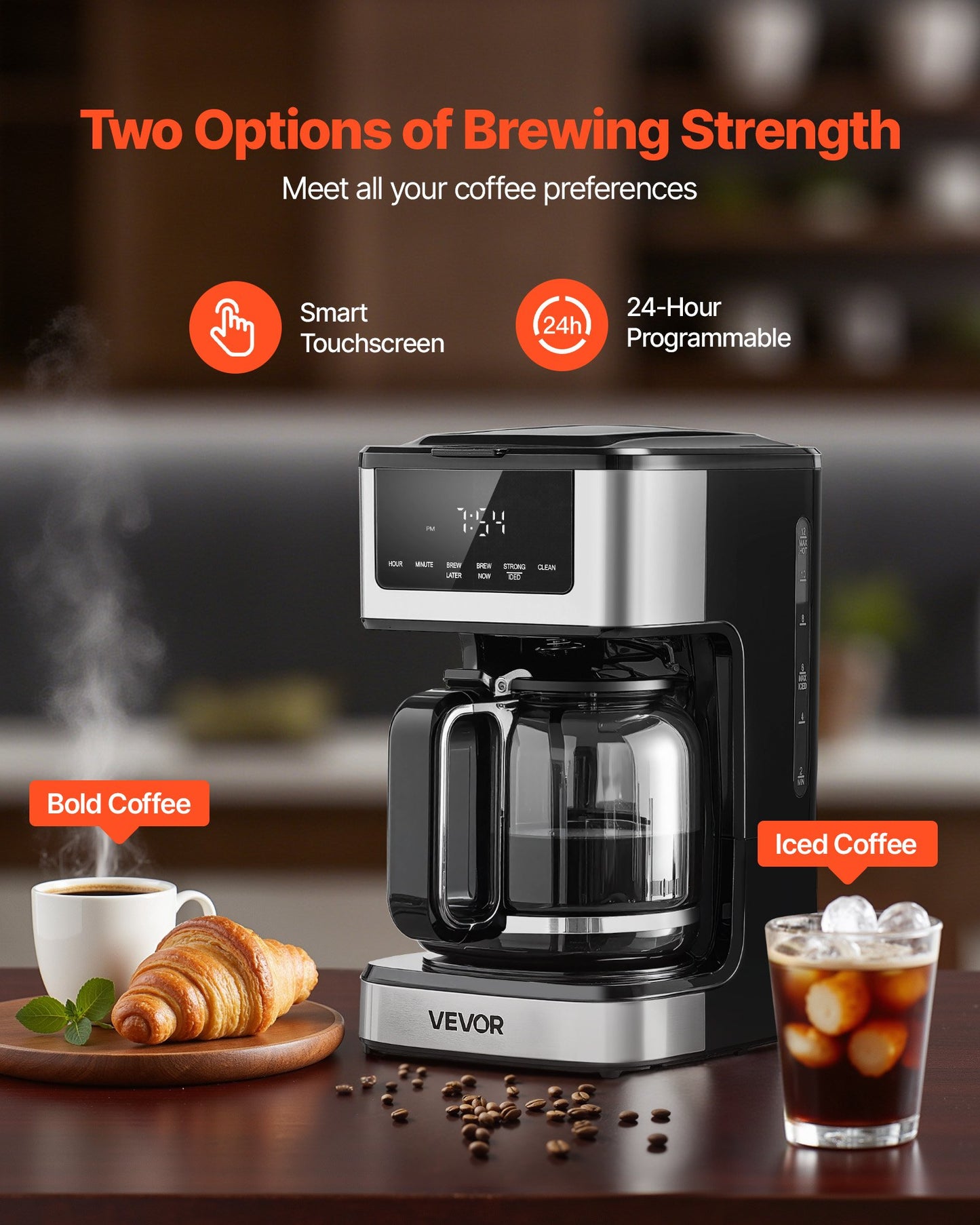 12-Cup Programmable Drip Coffee Maker with Touch Screen, 2 Brew Strengths & 4-Hour Keep Warm