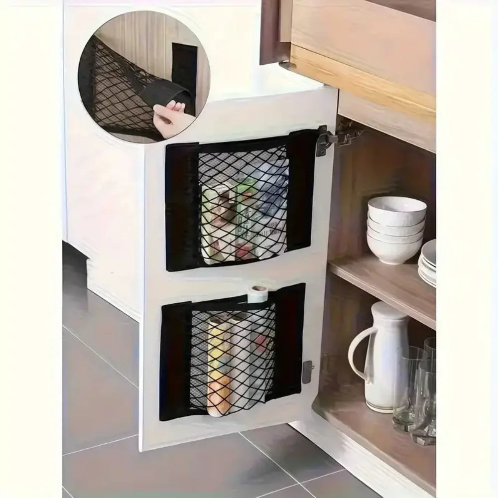 Wall-Mount Mesh Storage Bag Dispenser – Cabinet Door & Car Trunk Organizer