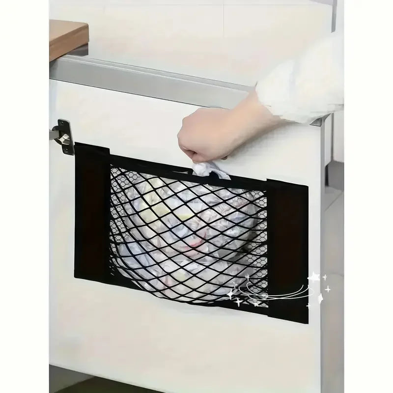 Wall-Mount Mesh Storage Bag Dispenser – Cabinet Door & Car Trunk Organizer