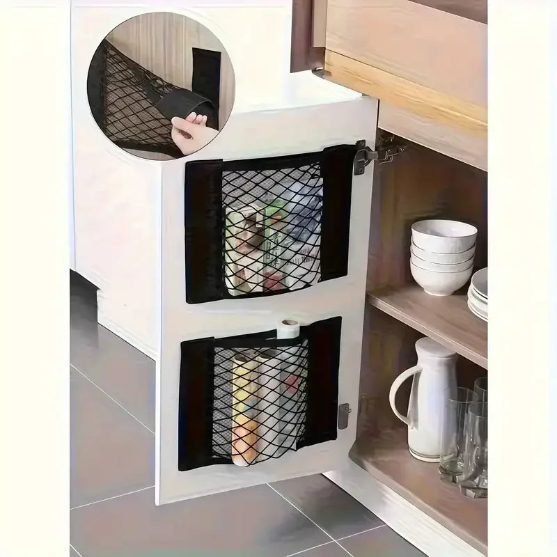 Wall-Mount Mesh Storage Bag Dispenser – Cabinet Door & Car Trunk Organizer