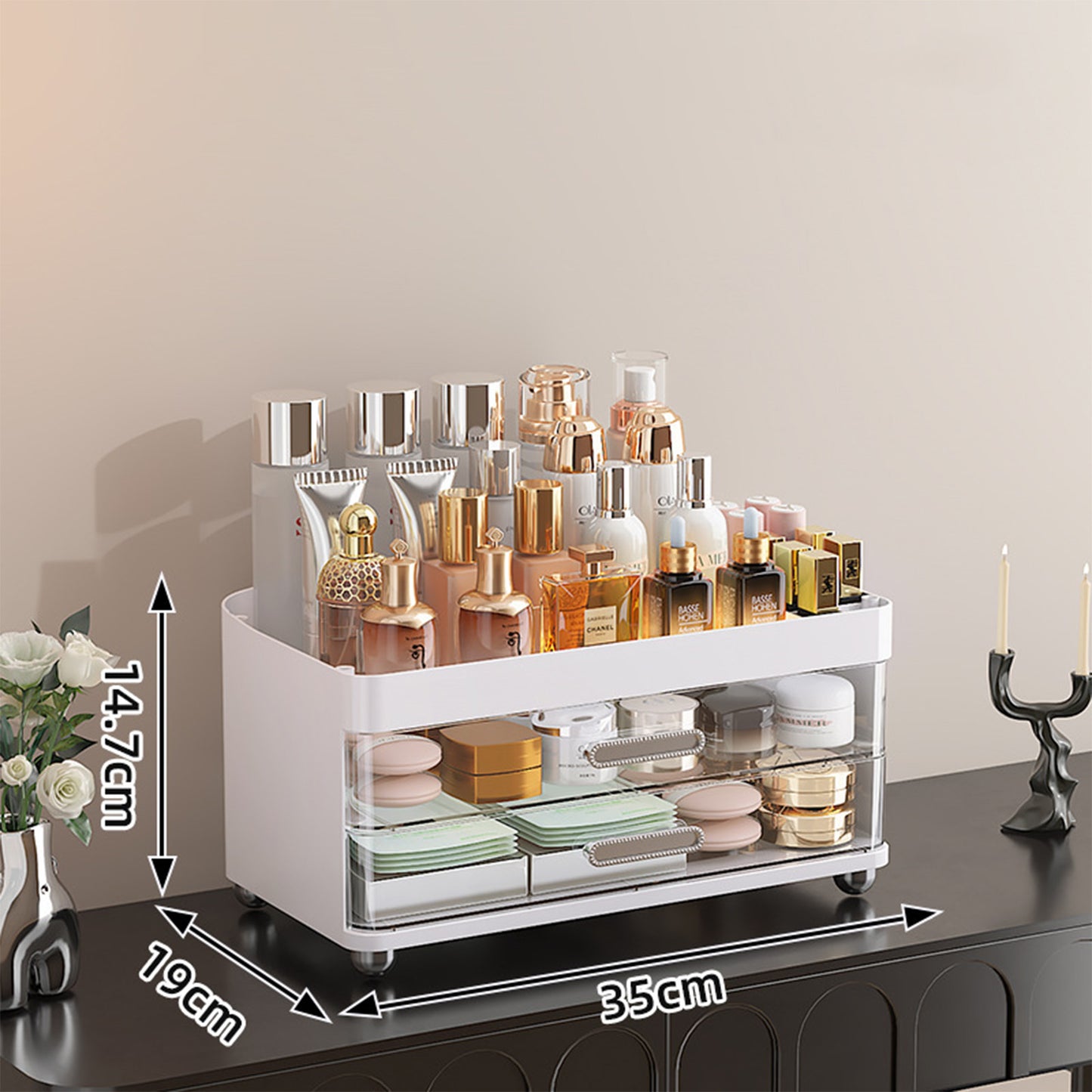 2 Drawer Cosmetic Organizer, 4 Tier Bathroom & Vanity Storage for Makeup, Skincare, Perfume