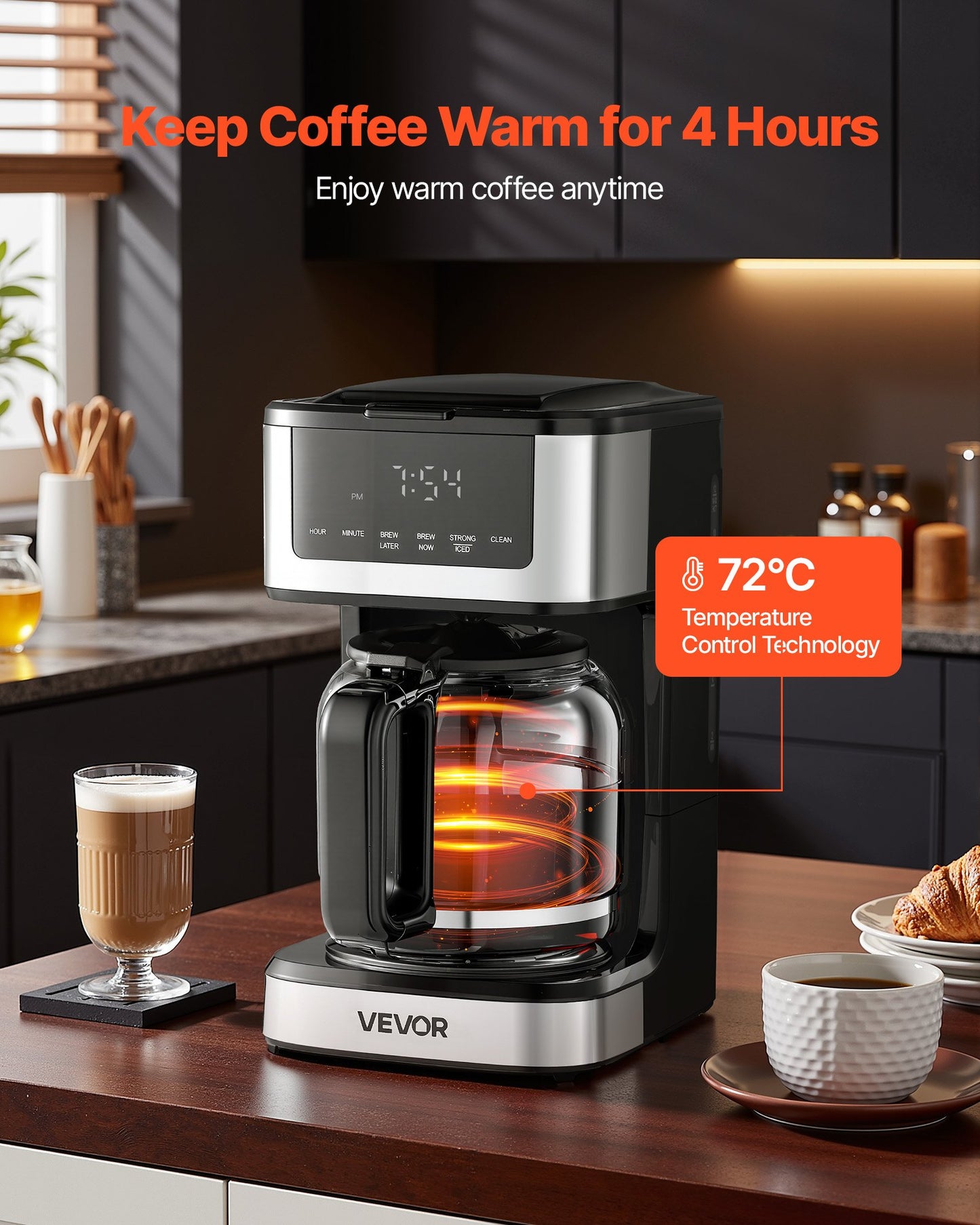 12-Cup Programmable Drip Coffee Maker with Touch Screen, 2 Brew Strengths & 4-Hour Keep Warm