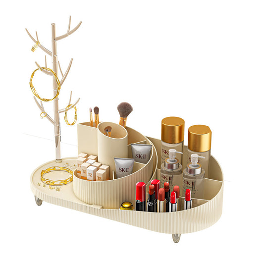 360° Rotating Makeup Organizer with Jewelry Storage, Large Capacity Vanity Display for Brushes, Lipsticks & Skincare
